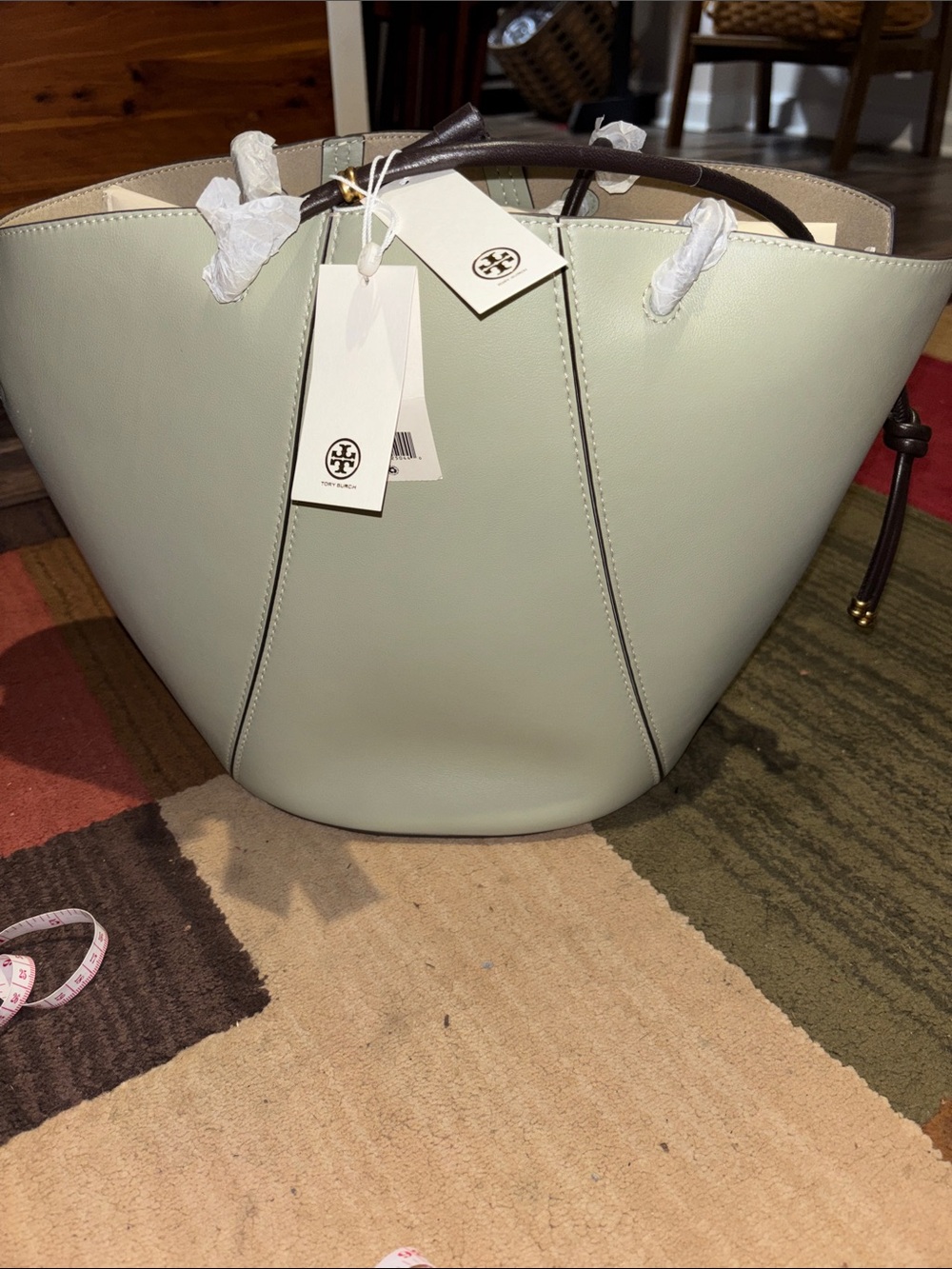 Tory Burch Spaghetti Strap Mint Green Leather Tote with Dark Brown Handles